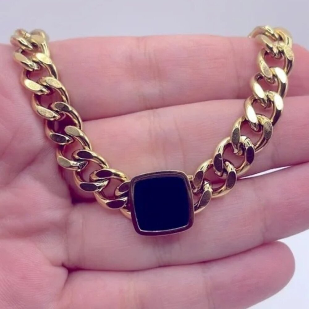 🌹NWOT🌹 18K Gold Plated Black Enamel Cuban Chain Necklace! - Picture 2 of 6